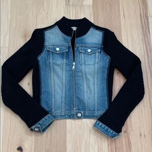 Arizona Jean Vintage Y2K Black Ribbed Sweater w/ Denim Jacket Zip Up Front Large